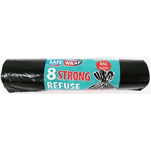 8x Safewrap Strong Refuse Sacks 65L Heavy Duty Black Bin Liners Waste Bags 65Ltr