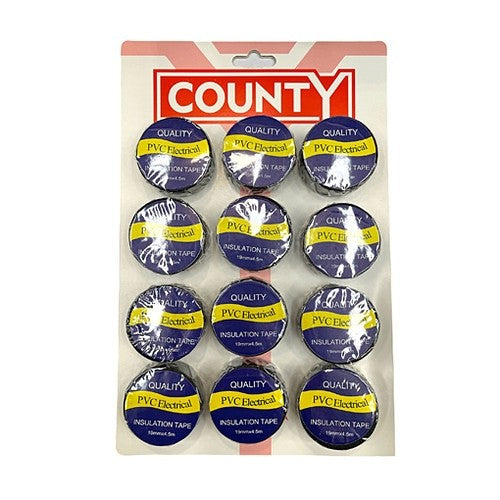 12 Pack County Black PVC Electrical Insulation Tape 19mm x 20m Flame Retardant