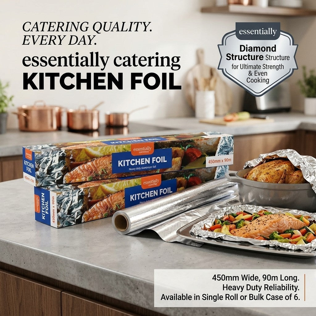 6 Essentially Catering Kitchen Foil 90m Heavy Duty Aluminium Wrap Case Pack