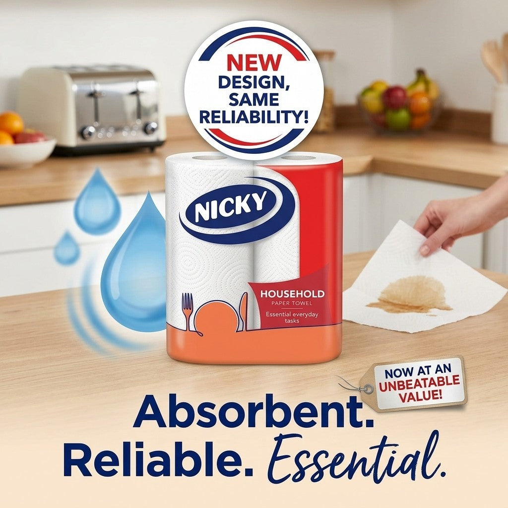 2Roll × 10 Nicky Household Kitchen Roll Paper Towels 2 Ply White Absorbent Bulk