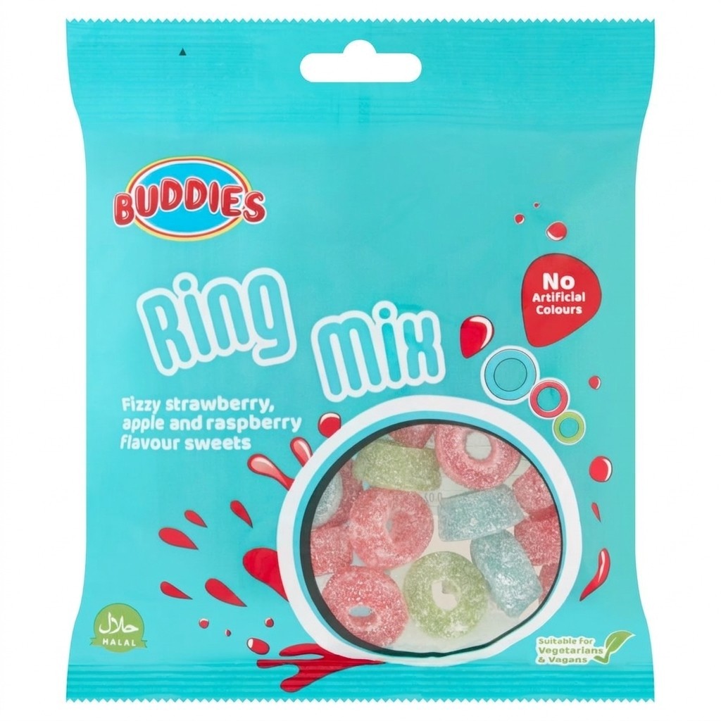 BUDDIES Ring Mix Sweets 160g x 10 | Halal, Vegan & Vegetarian