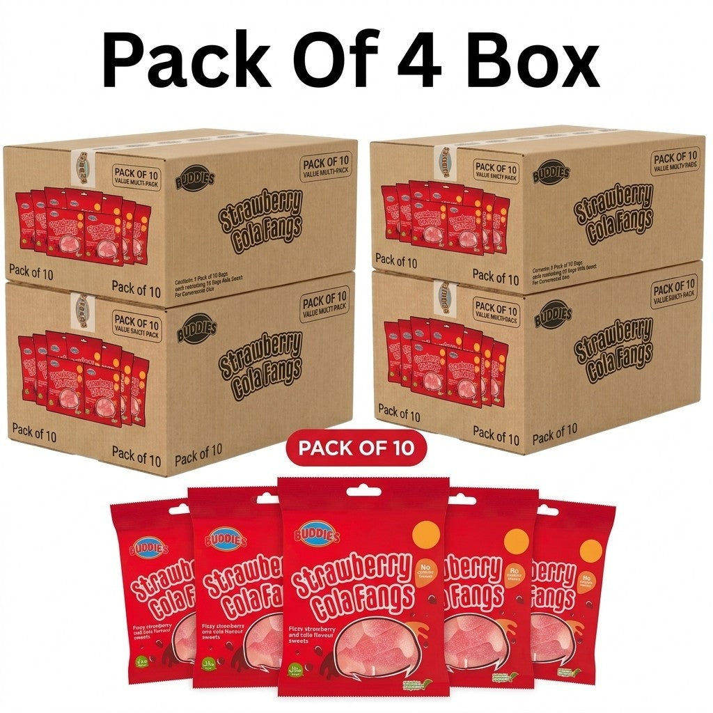 BUDDIES Strawberry Cola Fangs Sweets 160g x 10 | Fizzy, Halal & Vegan