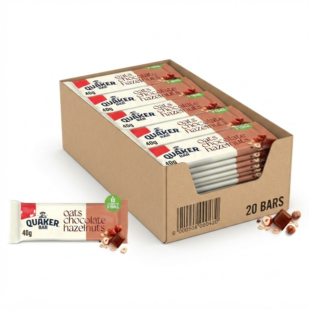Quaker Oat Cereal Bars - 40g x 20 Pack - Choice of Chocolate & Hazelnuts or Raspberry & Almonds