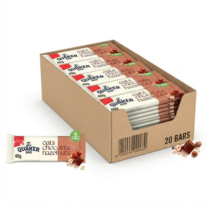 Quaker Oat Cereal Bars - 40g x 20 Pack - Choice of Chocolate & Hazelnuts or Raspberry & Almonds