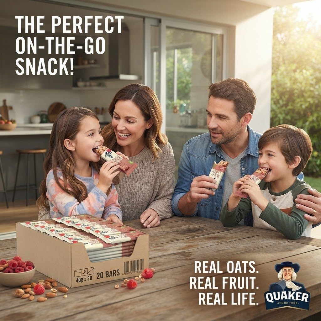 Quaker Oat Cereal Bars - 40g x 20 Pack - Choice of Chocolate & Hazelnuts or Raspberry & Almonds