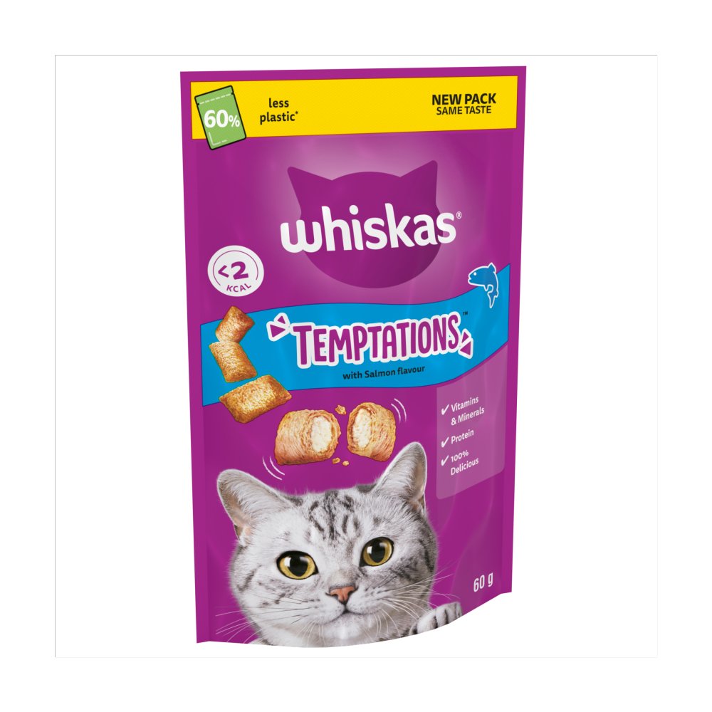 Whiskas Temptations Adult Cat Treats – Salmon & Chicken/Cheese (60g, Pack of 6)