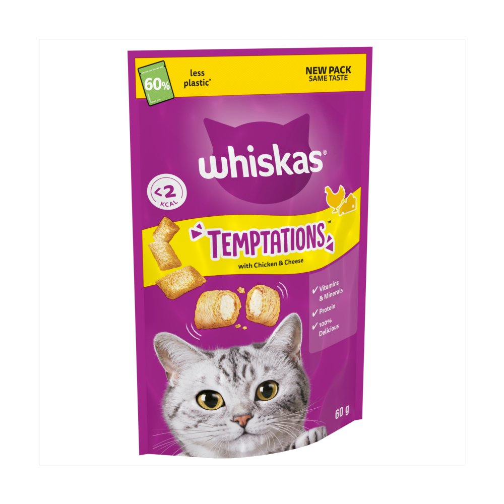 Whiskas Temptations Adult Cat Treats – Salmon & Chicken/Cheese (60g, Pack of 6)