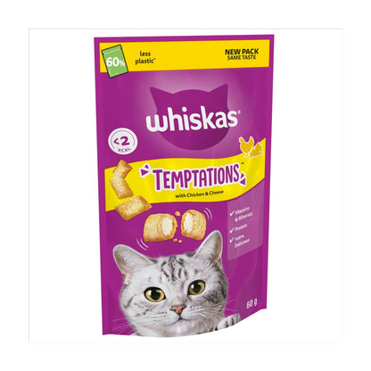 Whiskas Temptations Adult Cat Treats – Salmon & Chicken/Cheese (60g, Pack of 6)