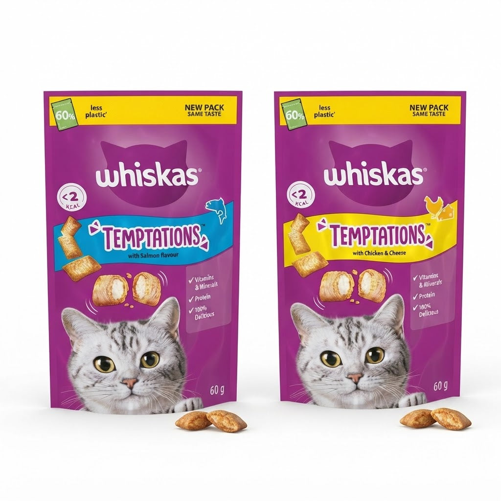 Whiskas Temptations Adult Cat Treats – Salmon & Chicken/Cheese (60g, Pack of 6)