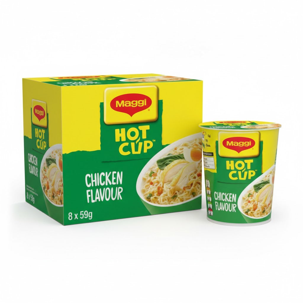 Maggi Hot Cup Instant Noodles – Chicken & Curry Flavors (8 x 59g Pack)
