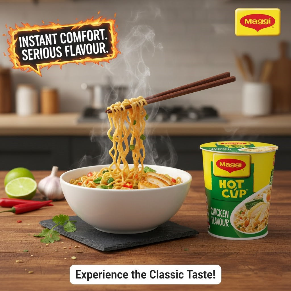Maggi Hot Cup Instant Noodles – Chicken & Curry Flavors (8 x 59g Pack)