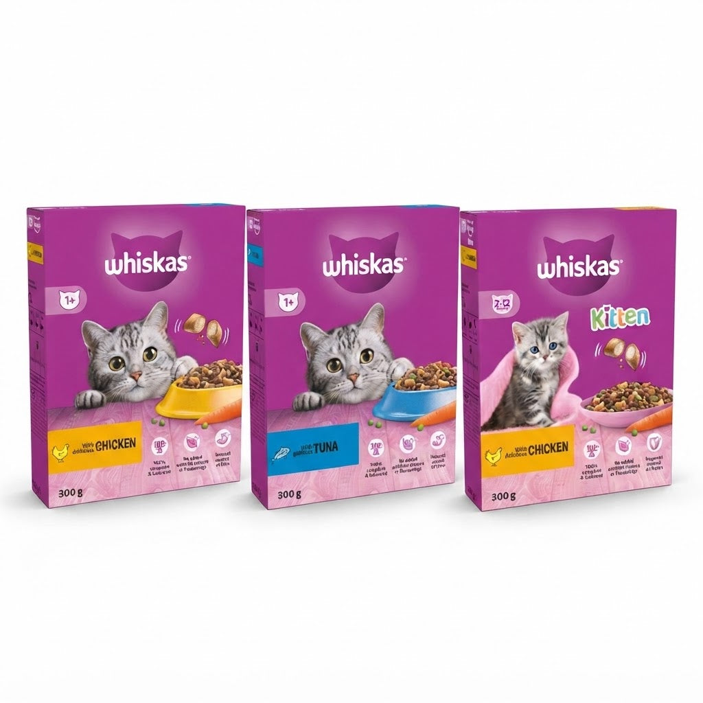 Whiskas Complete Dry Cat Food – Adult & Kitten Varieties (300g, Pack of 6)