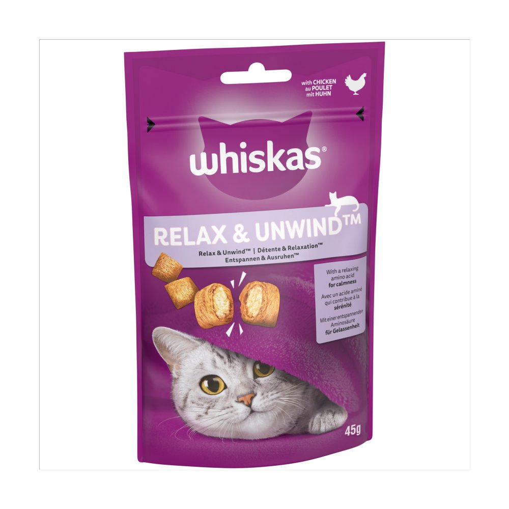 Whiskas Relax & Unwind Adult Cat Treats – Chicken Recipe (45g, Pack of 8)