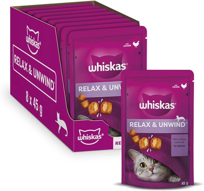 Whiskas Relax & Unwind Adult Cat Treats – Chicken Recipe (45g, Pack of 8)