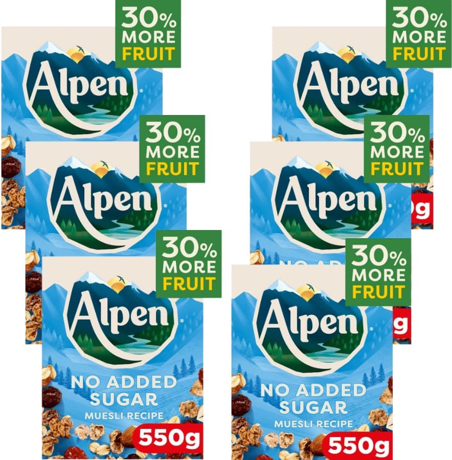 Alpen Muesli Breakfast Cereal - Traditional & No Added Sugar Variants (6 x 550g Bulk Pack)