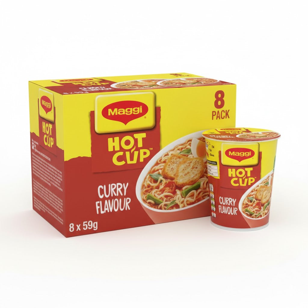 Maggi Hot Cup Instant Noodles – Chicken & Curry Flavors (8 x 59g Pack)