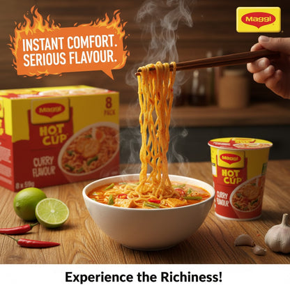 Maggi Hot Cup Instant Noodles – Chicken & Curry Flavors (8 x 59g Pack)