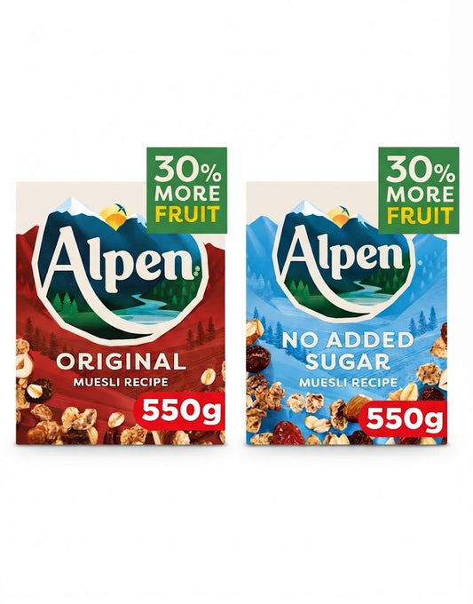 Alpen Muesli Breakfast Cereal - Traditional & No Added Sugar Variants (6 x 550g