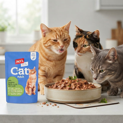 24 x 100g Jack's Cat Adult Wet Food Pouches Variety Pack-Lamb,Chicken&White fish