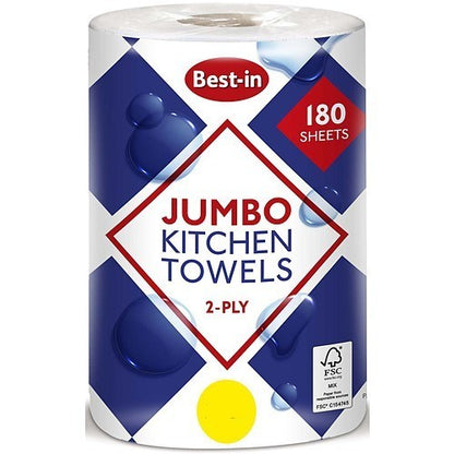6 Pack Bestin Jumbo Kitchen Roll Towel 2 Ply White Extra Absorbent