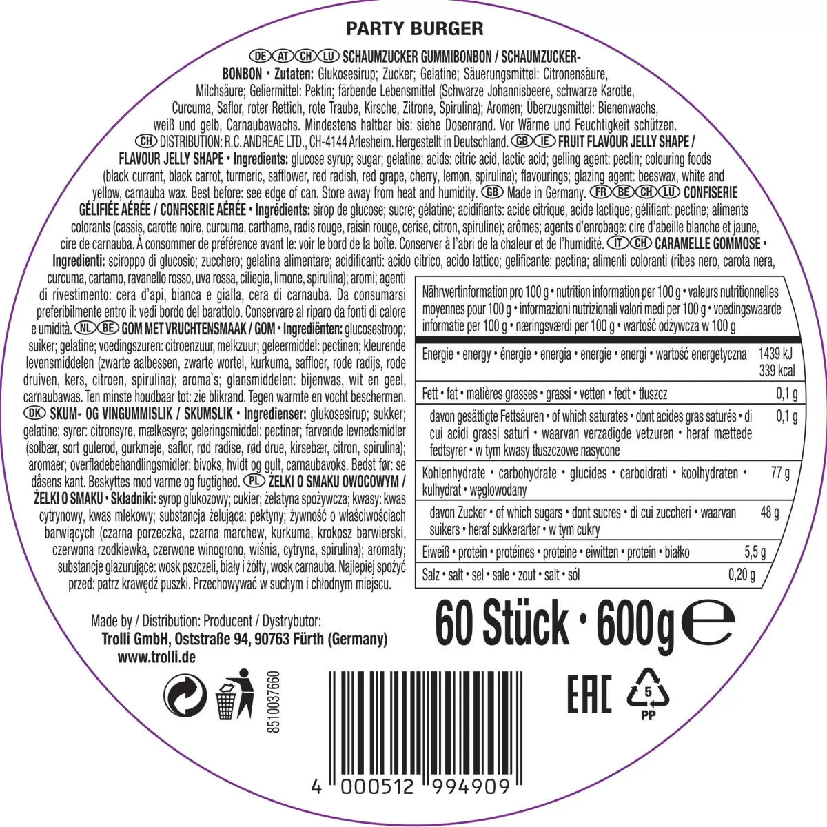 Pack of 60 Trolli Party Burger Mini Sweets – Gluten & Lactose Free Gummy Candy