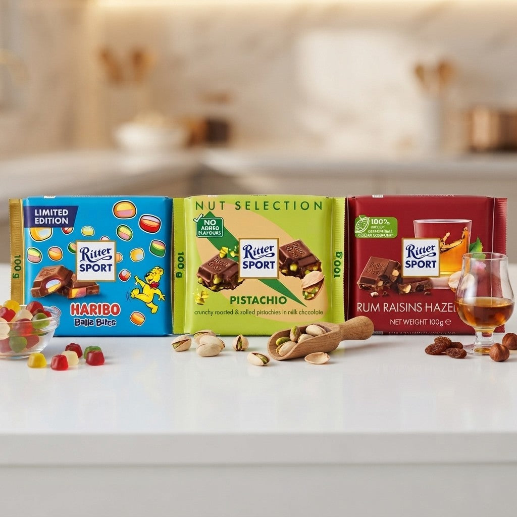 12x 100g Ritter Sport Variety Rum Raisins, Pistachio & Haribo Balla Bites