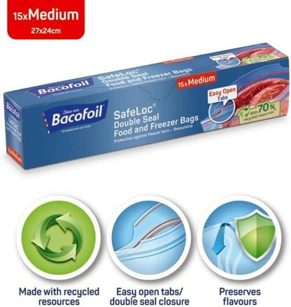 15s Pack Bacofoil SafeLoc Double Seal Food Freezer Bags Medium Bulk 12 Box (180)
