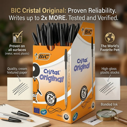 BIC Cristal Original Black Ballpoint Pens Medium 1.0mm - Box of 50 Bulk Pack