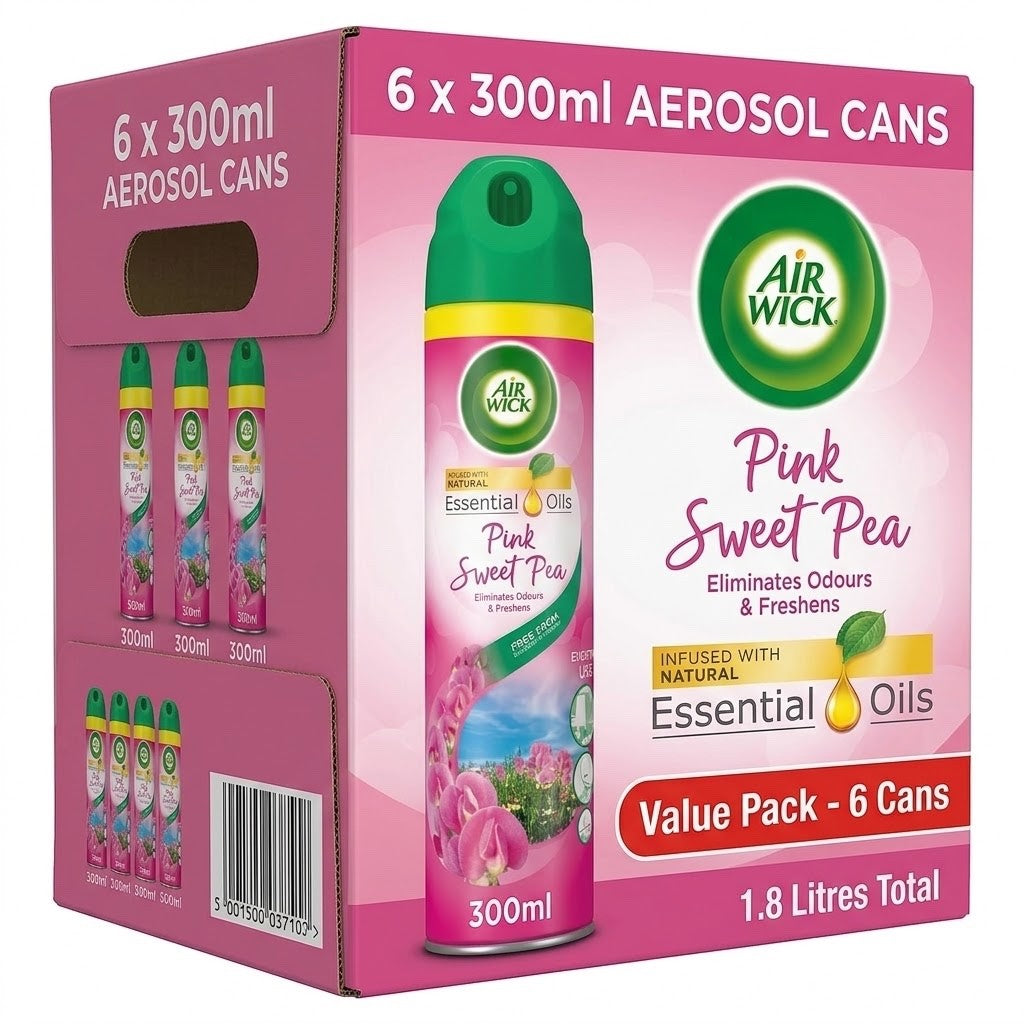 300ml x 6 Air Wick Aerosol Spray Pink Sweet Pea Essential Oils Odour Neutraliser