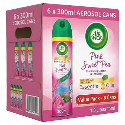 300ml x 6 Air Wick Aerosol Spray Pink Sweet Pea Essential Oils Odour Neutraliser