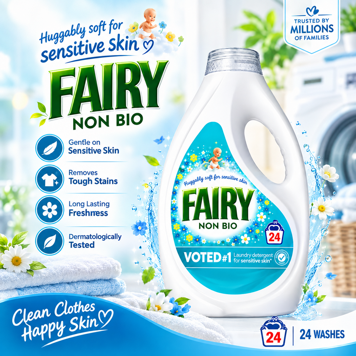 24Wash × 4 Fairy Non Bio Laundry Liquid Detergent Sensitive Skin Washing Liquid