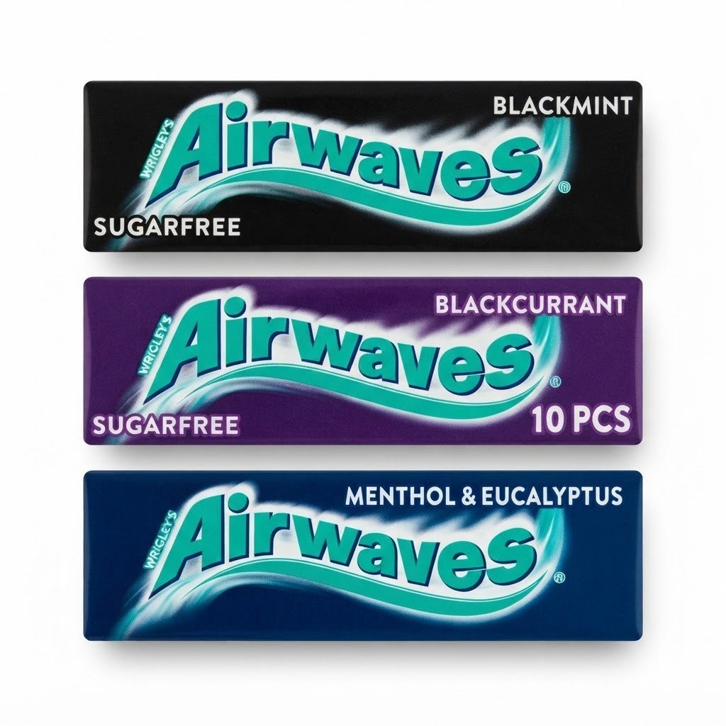 Airwaves Sugarfree Chewing Gum 10 Pieces Packs Menthol, Blackcurrant & Black Min