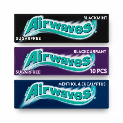 Airwaves Sugarfree Chewing Gum 10 Pieces Packs Menthol, Blackcurrant & Black Min
