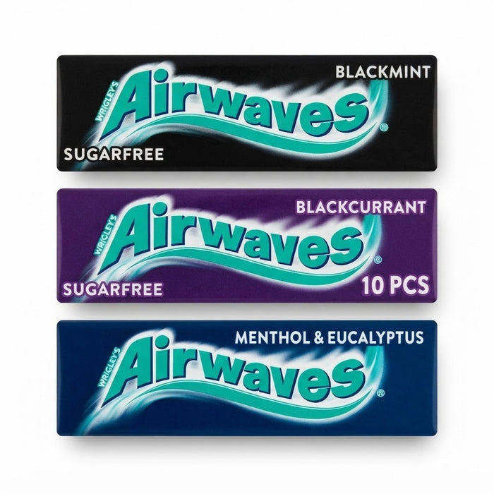 Airwaves Sugarfree Chewing Gum 10 Pieces Packs Menthol, Blackcurrant & Black Min