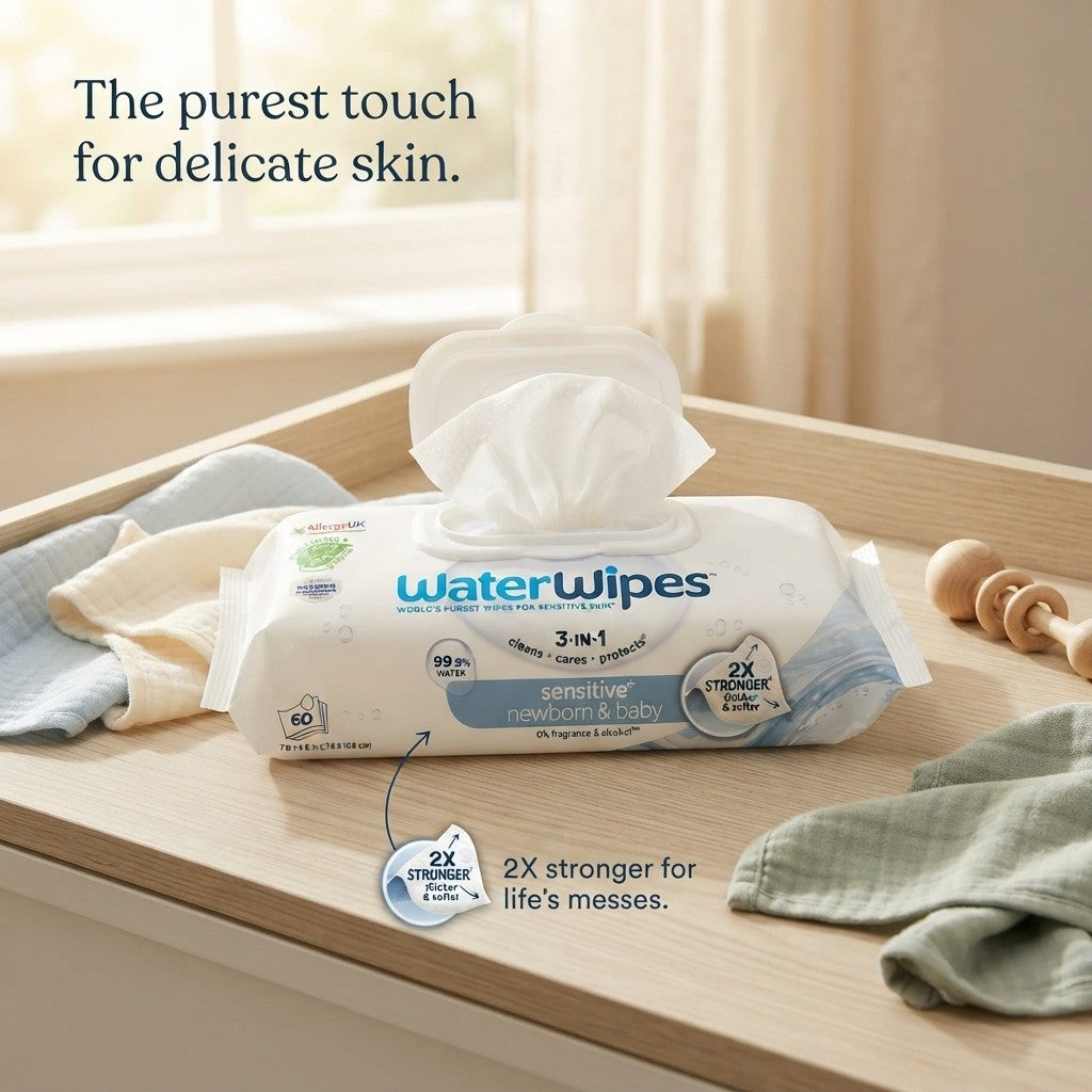 6x 60s WaterWipes Sensitive+ Newborn & Baby Wipes 99.9% Pure Water