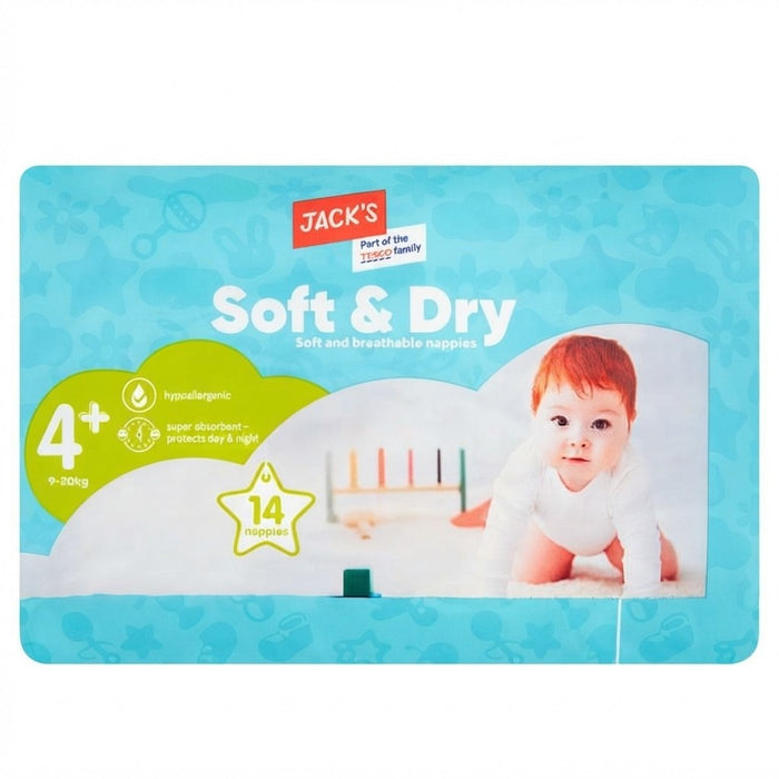 3x Jacks Soft & Dry Size 4+ Nappies 9-20kg 14 Pack Case of 3 Multi Pack