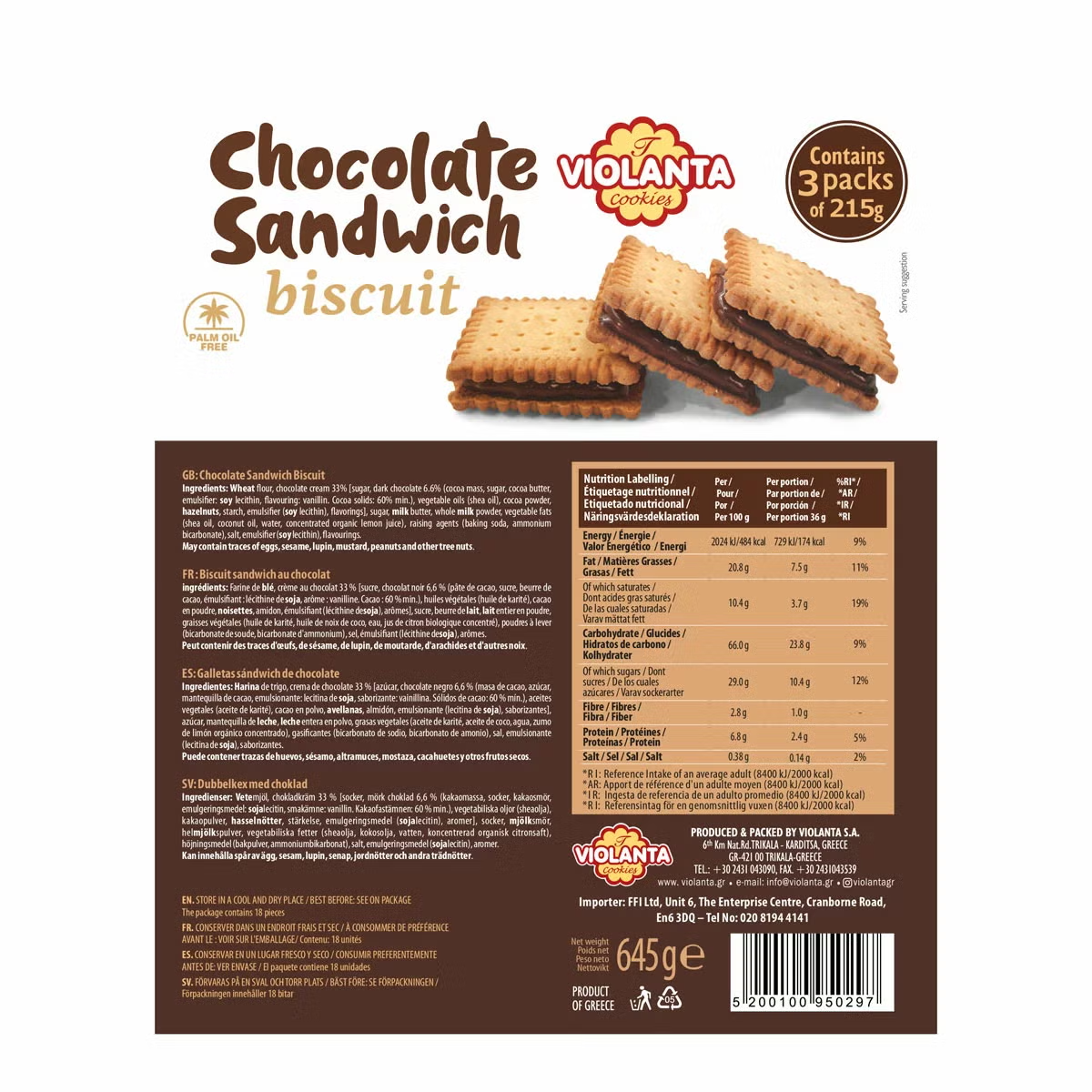 645g Violanta Chocolate Sandwich Biscuits Greek Cream Filled Cookies