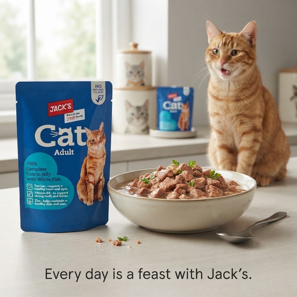24 x 100g Jack's Cat Adult Wet Food Pouches Variety Pack-Lamb,Chicken&White fish