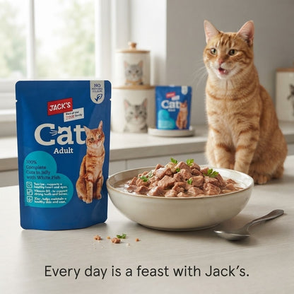 24 x 100g Jack's Cat Adult Wet Food Pouches Variety Pack-Lamb,Chicken&White fish