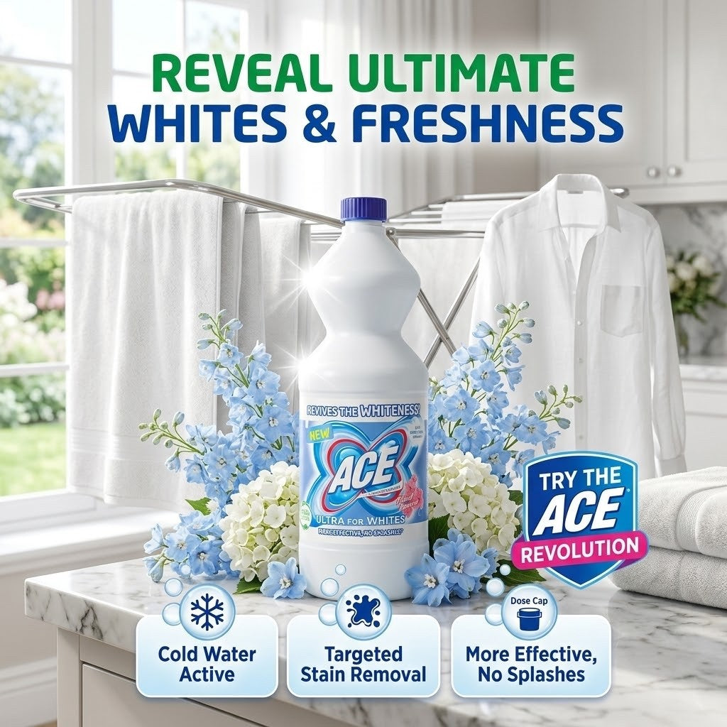 Pack of 6 x 1L (6 Litres Total) | ACE Ultra For Whites Laundry Bleach