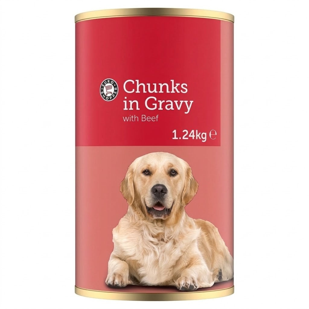 6 x 1.24kg Packs Euro Shopper Chunks in Gravy with Beef Adult Dog Wet Food Can