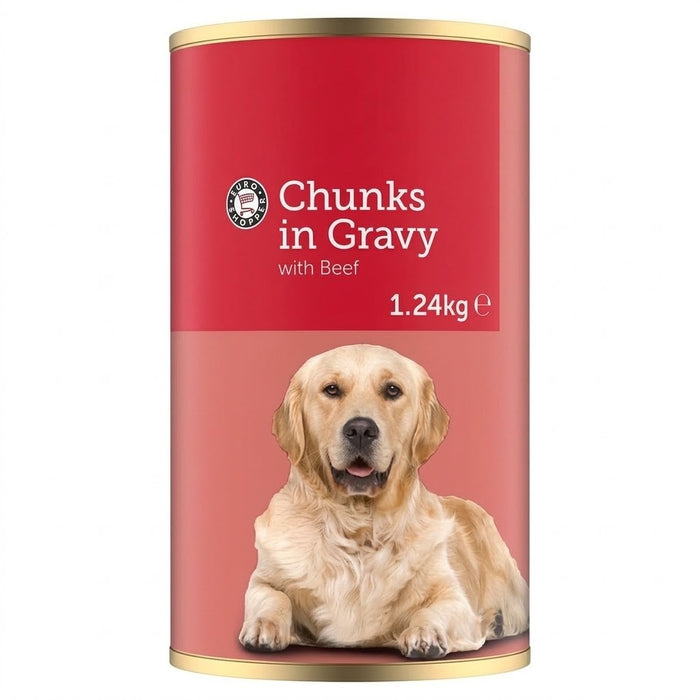 6 x 1.24kg Packs Euro Shopper Chunks in Gravy with Beef Adult Dog Wet Food Can