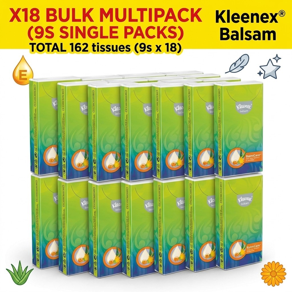 18 Pack Kleenex Balsam Pocket Tissues Soft 4 Ply Balm Handkerchiefs Bulk 9s X 18