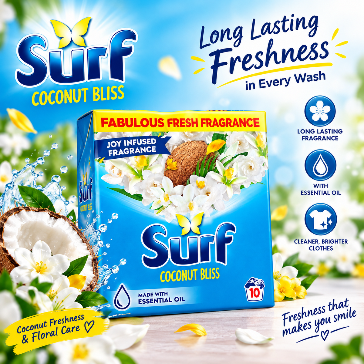 10 Wash × 7 x 500 g Surf Coconut Bliss Washing Powder - Bio Laundry Detergent