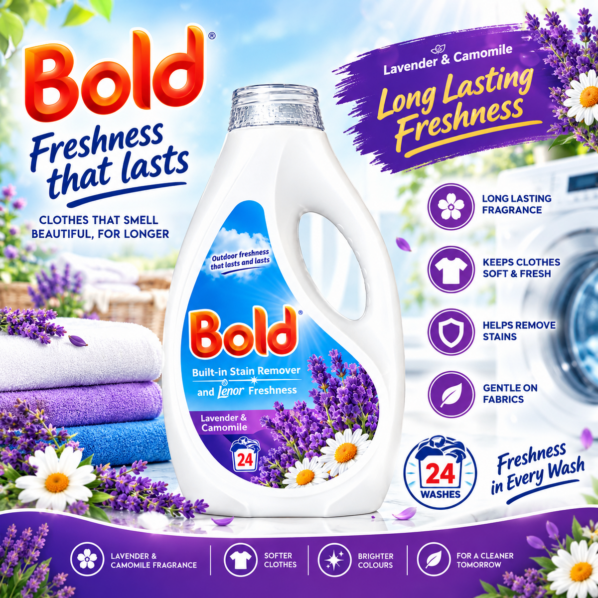 24 Wash × 4 Bold Liquid Laundry Detergent Gel Bio Washing Gel with Outdoor Fresh