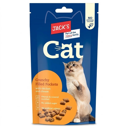 Pack of 10 x 60g Jack's Cat Crunchy Filled Pockets with Chicken & Cheese Treats