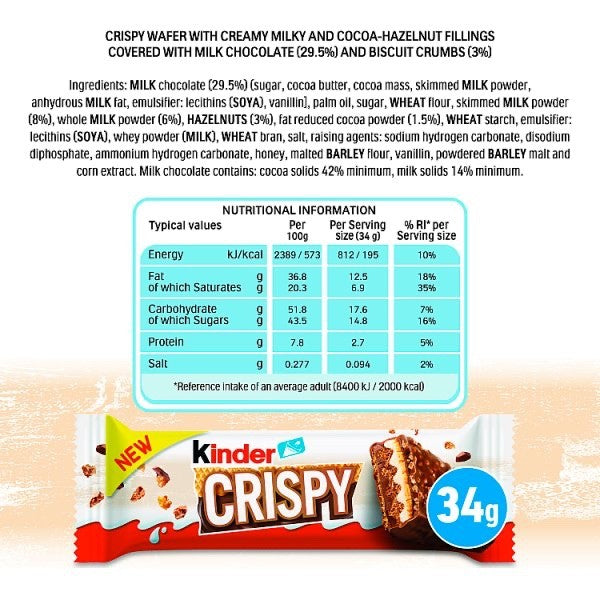 14 x 34g Kinder Crispy Milk Chocolate Covered Wafer Cocoa Hazelnut Cream Bar