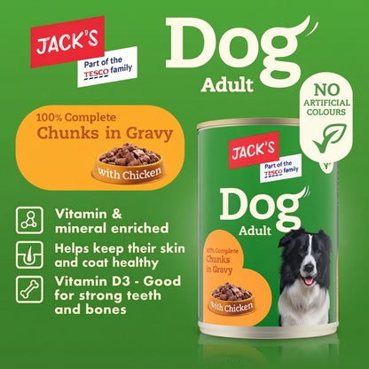 12 x 415g Jack's Adult Dog Food Wet Chunks Beef Chicken Gravy Jelly Wet Cans