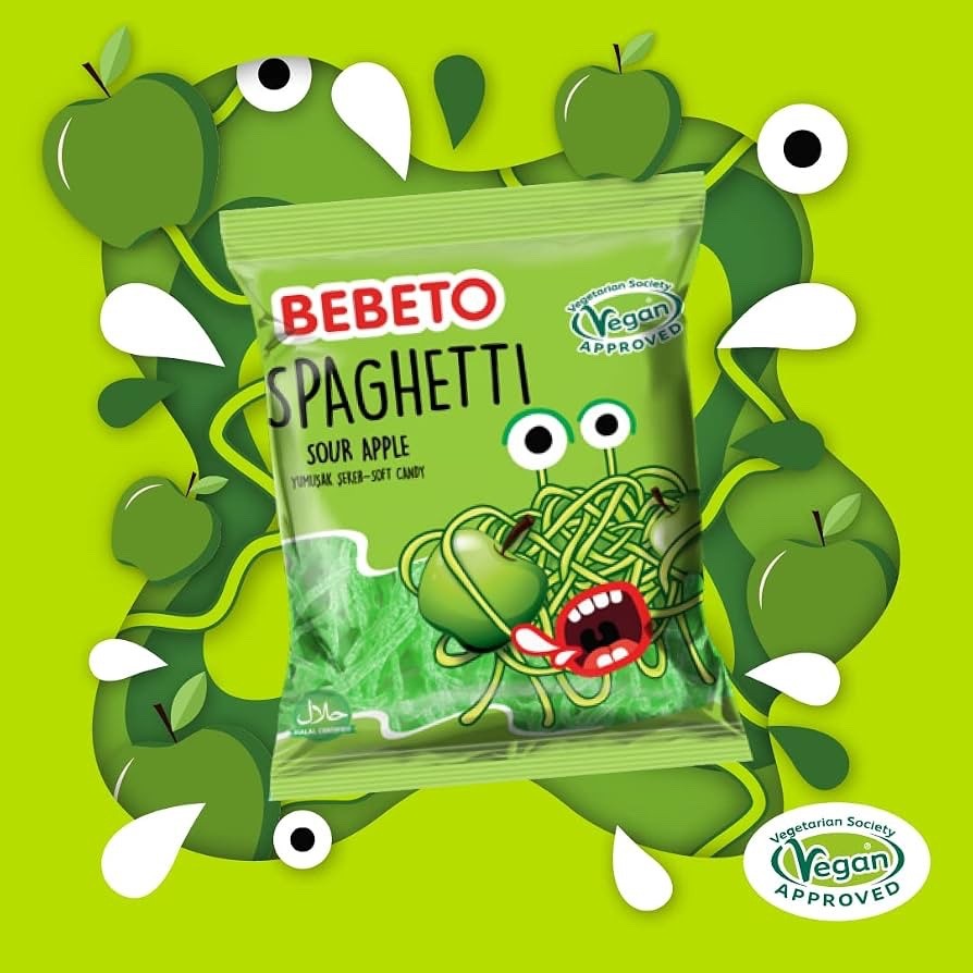 Bebeto Happy Laces Sour Apple Spaghetti Soft Sweets Vegan Candy - 70g Bulk Pack