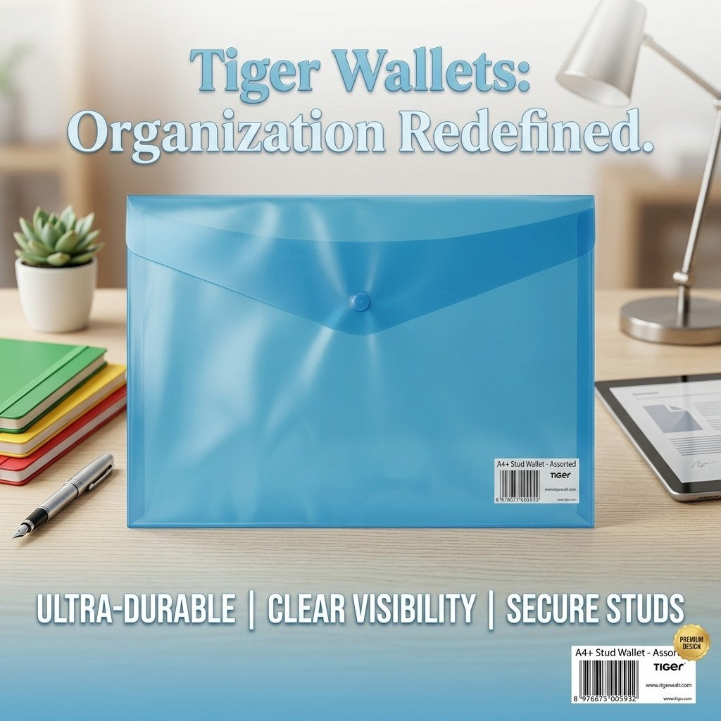 Tiger A4 Stud Wallet Plastic Document Folders Assorted Colors - Pack of 5